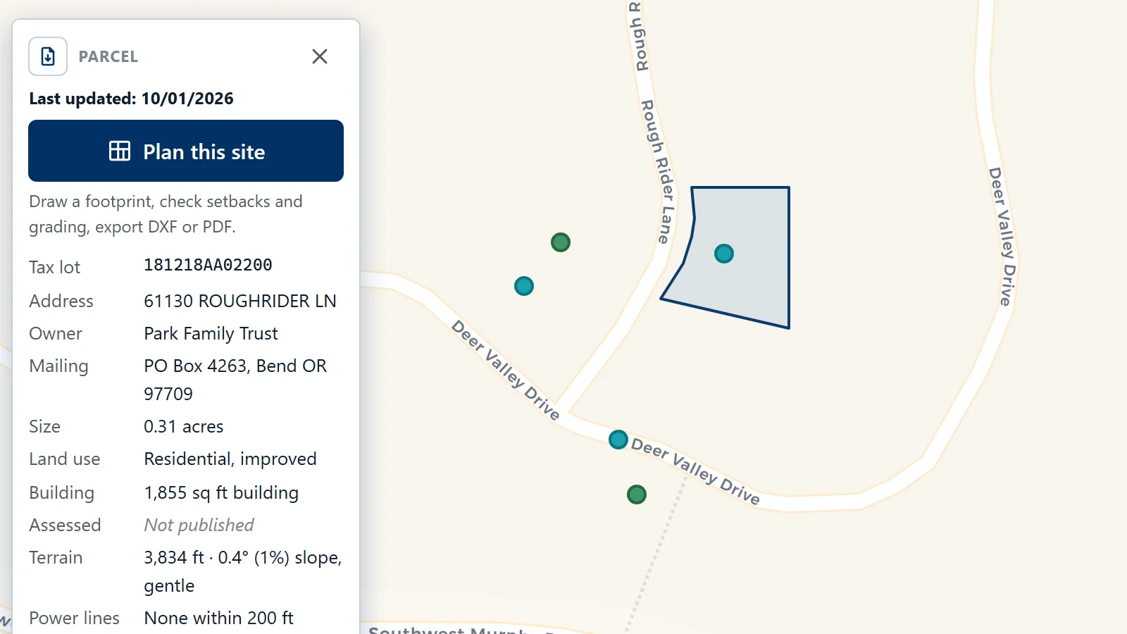 A close view of one Bend lot outlined on the map, with the parcel card beside it showing Last updated 10/01/2026, the tax lot, address, owner, mailing address, size, land use and building size.